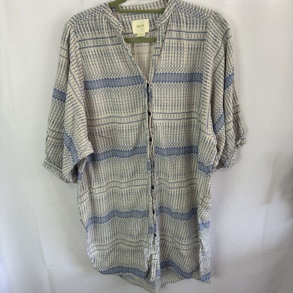 Maeve Anthropologie Lena Yarn Dye Off White Blue Oversized Boho Top Sz Small - Picture 3 of 9